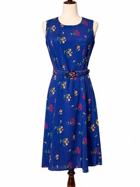 Vintage skirt set, Cobalt blue, gold belt buckle, turquoise buttons- 8P
